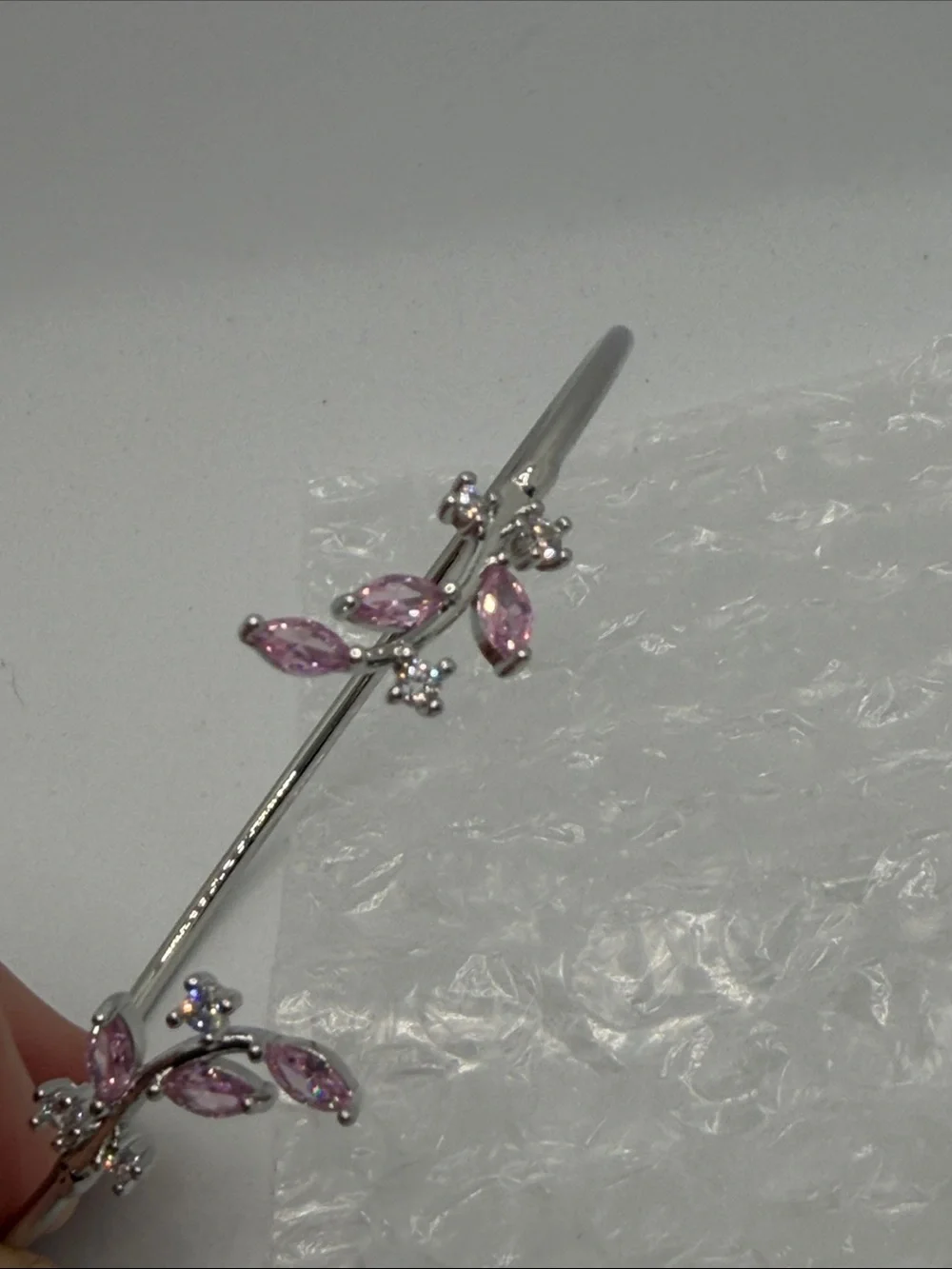 Delicate Pink Leaf Cuff Bracelet - Silver Tone